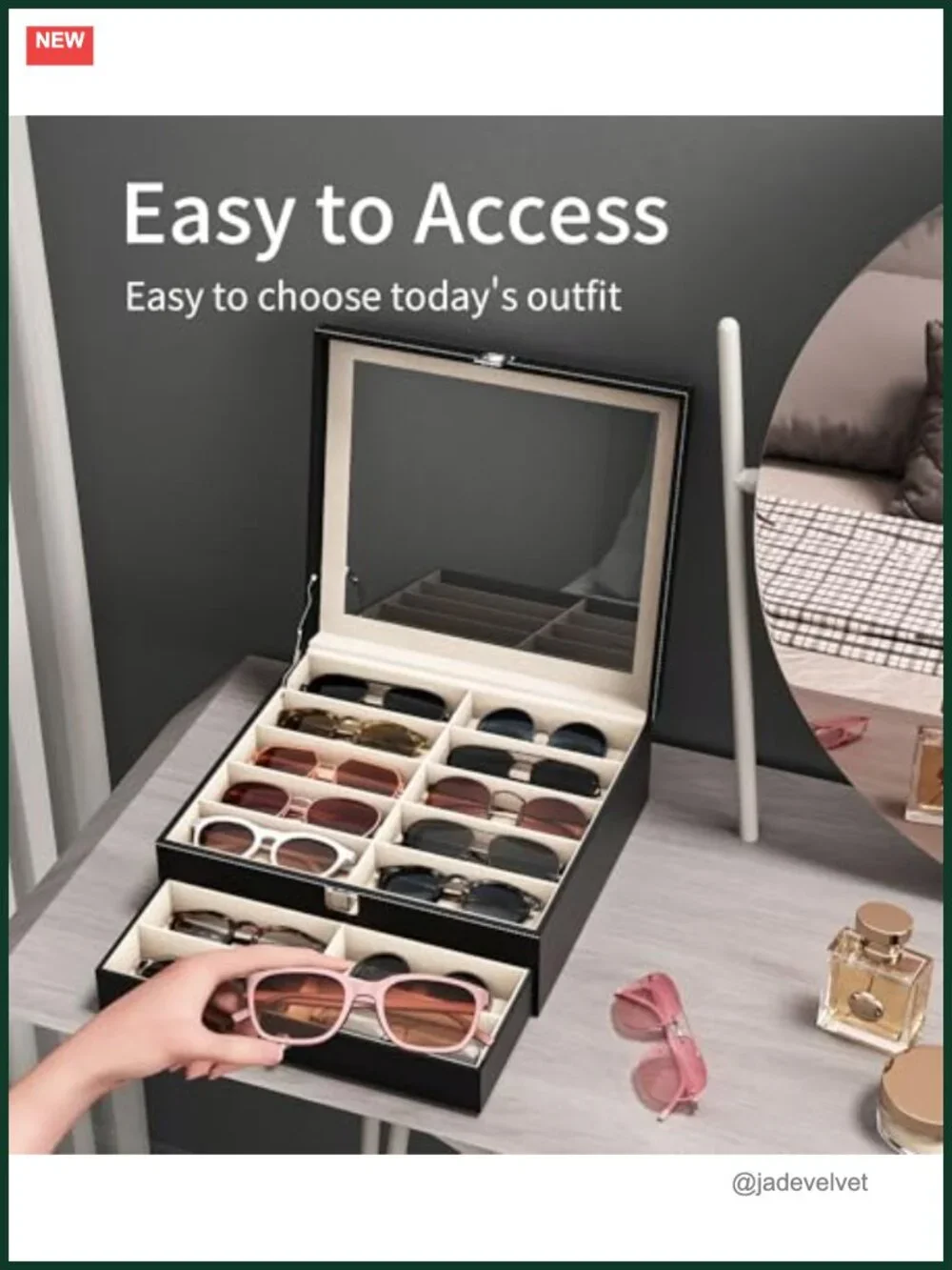 Large 20 Slot Sunglasses Organizer Box - PU Leather & Velvet